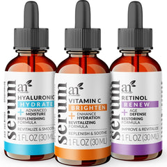 ArtNaturals vitamin C serum bottle pour for brightening skincare benefits.