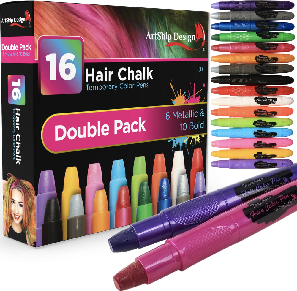 ArtShip Design Hair Chalk double pack packaging with 16 colors and glitter for versatile styles.