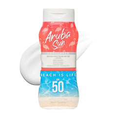 Aruba Sun SPF50 sunscreen lotion bottle showing broad SPF protection for daily outdoor use