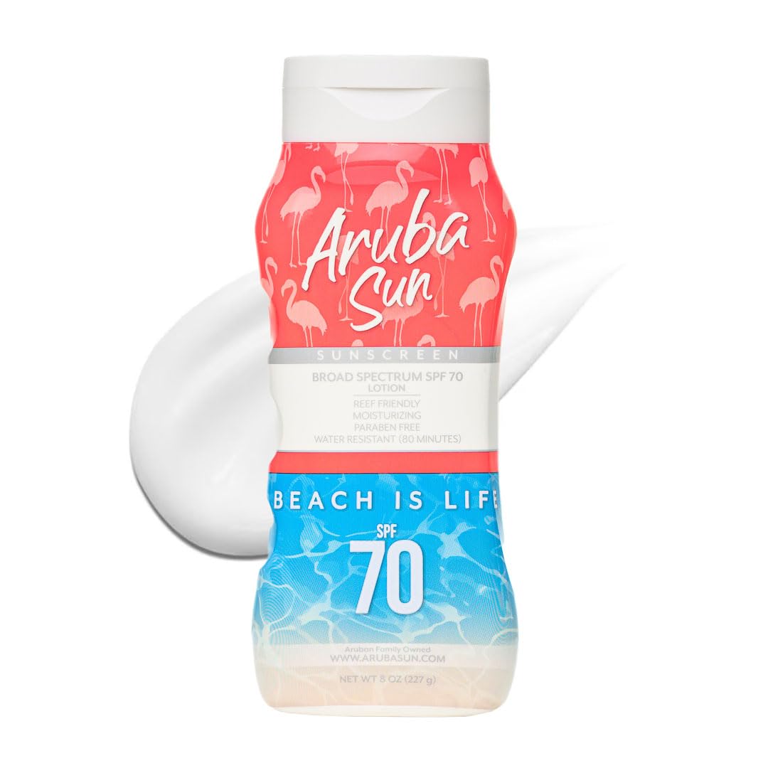 ARUBA SUN SPF70 lotion bottle showing reef-safe, broad-spectrum protection.