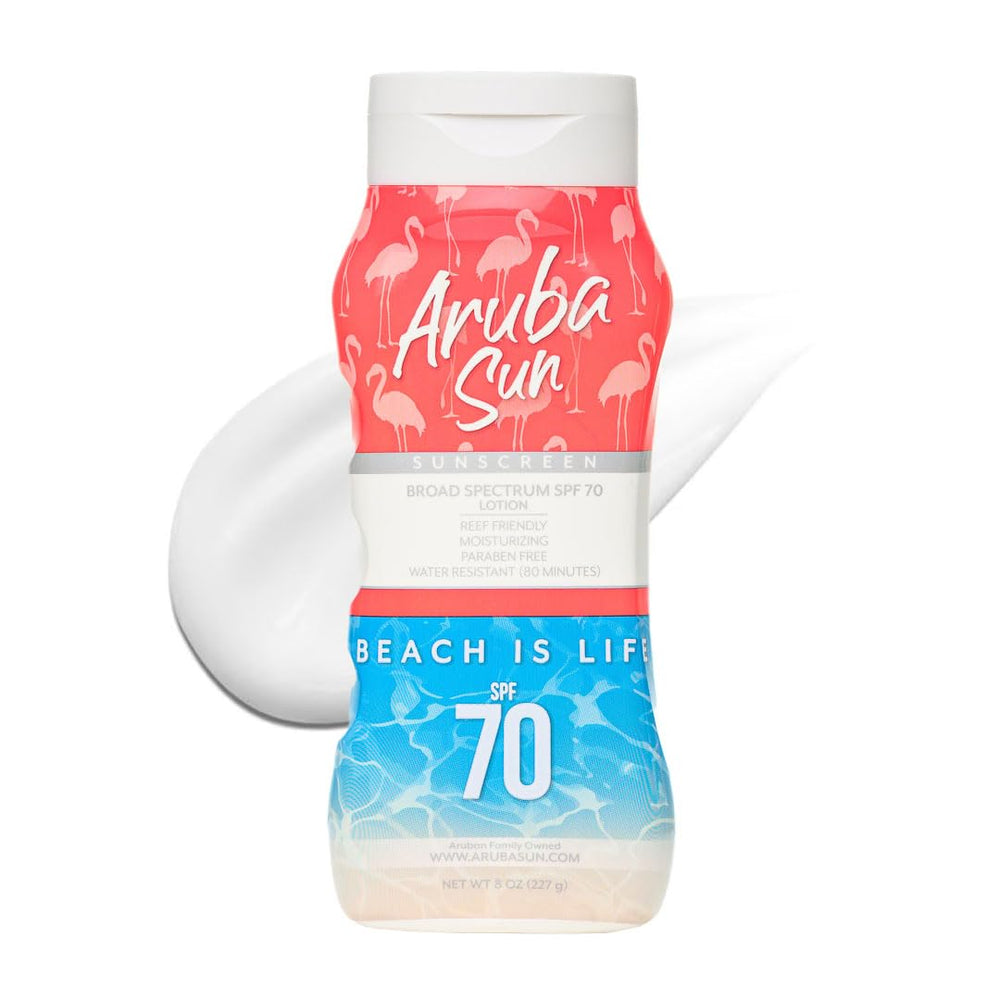 ARUBA SUN SPF70 lotion bottle showing reef-safe, broad-spectrum protection.