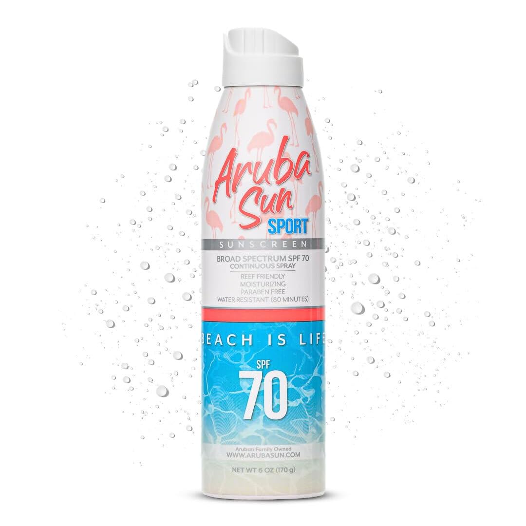 Aruba Sun SPF70 sunscreen spray bottle for beach days with reef-safe protection.
