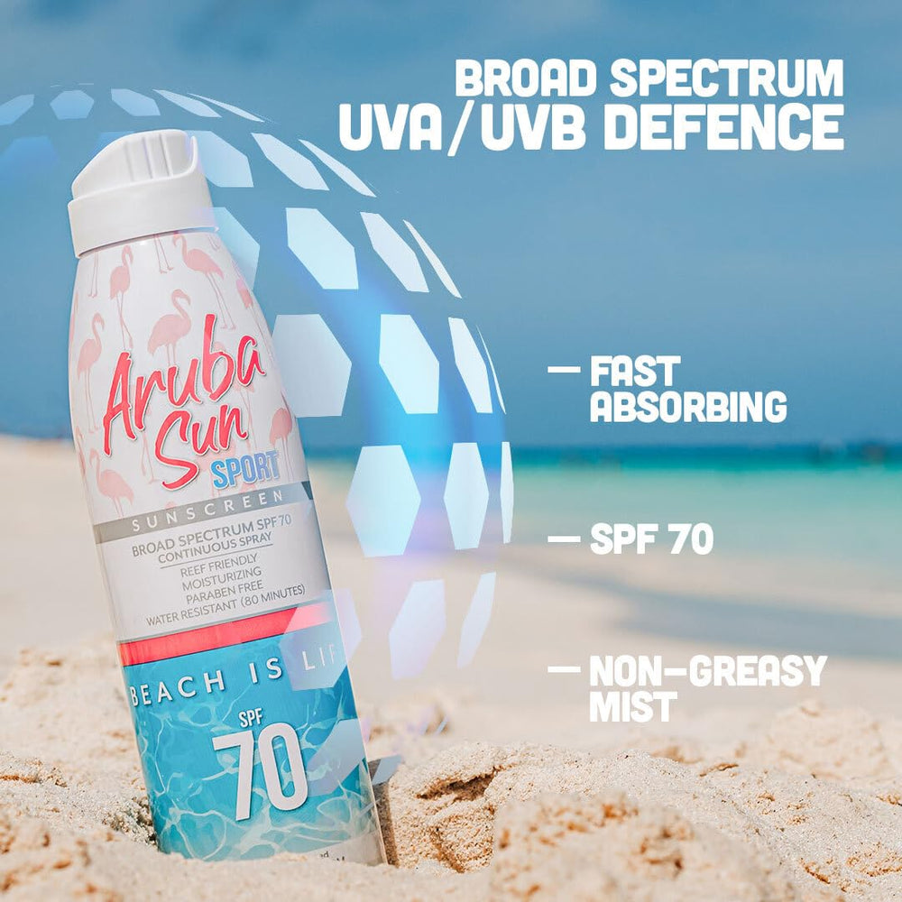 Aruba Sun SPF70 spray being misted for quick, non-greasy coverage.