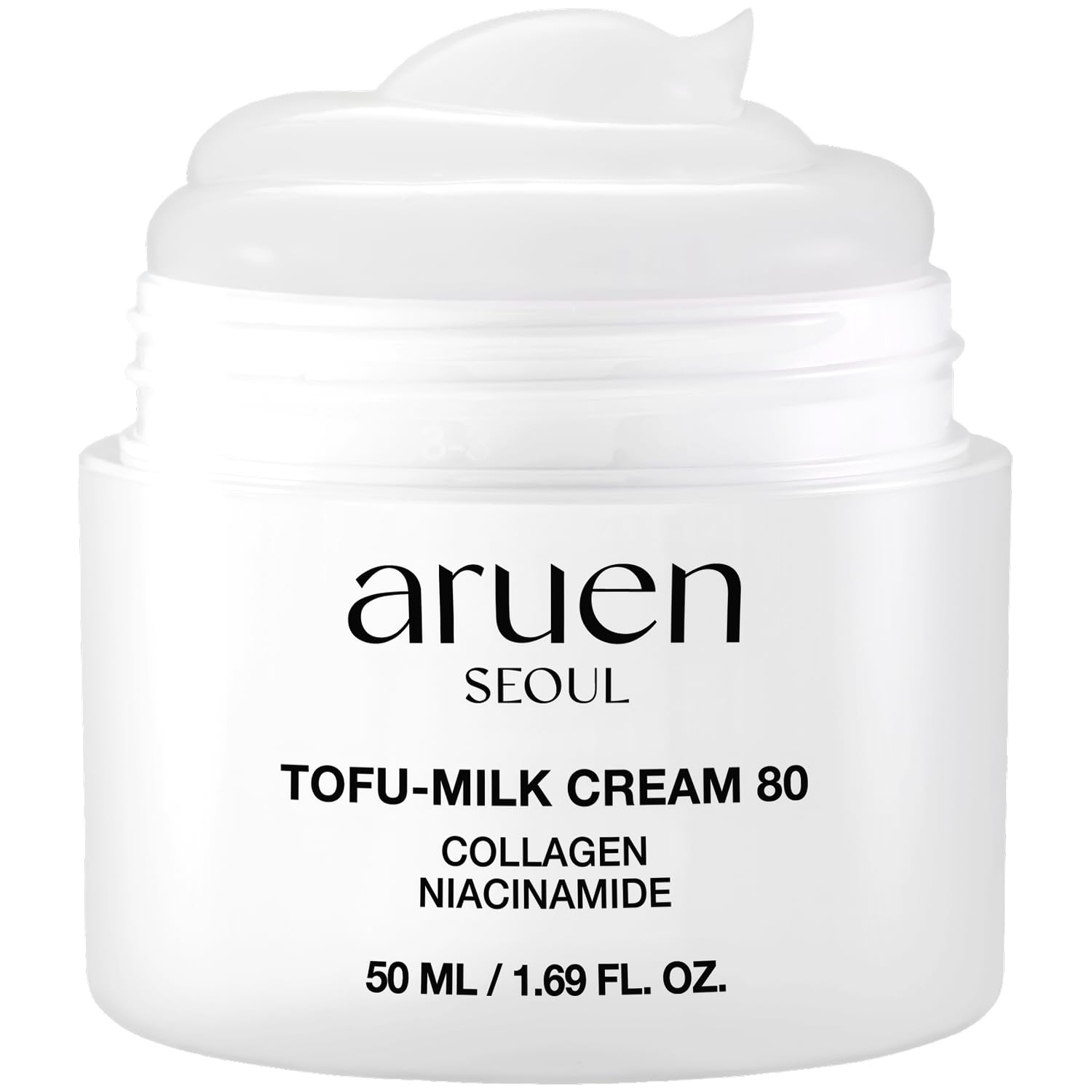 Aruen fermented tofucollagen cream jar close-up highlights elastic texture for a firmer look