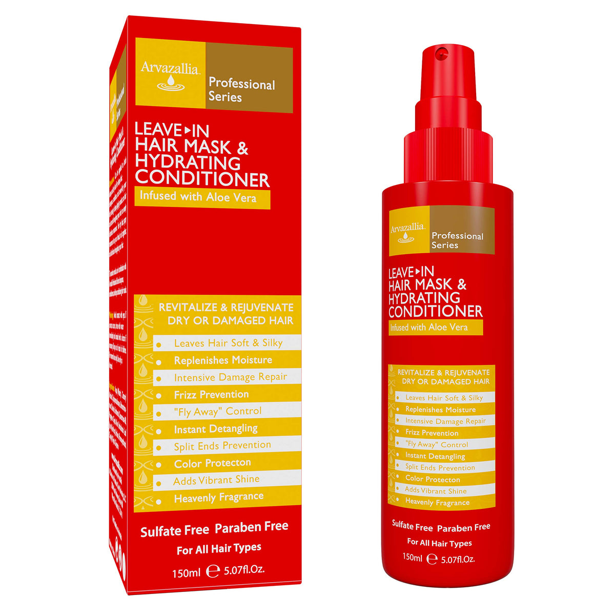 Arvazallia leave-in hair mask bottle closeup highlights moisture boost for dry or damaged hair