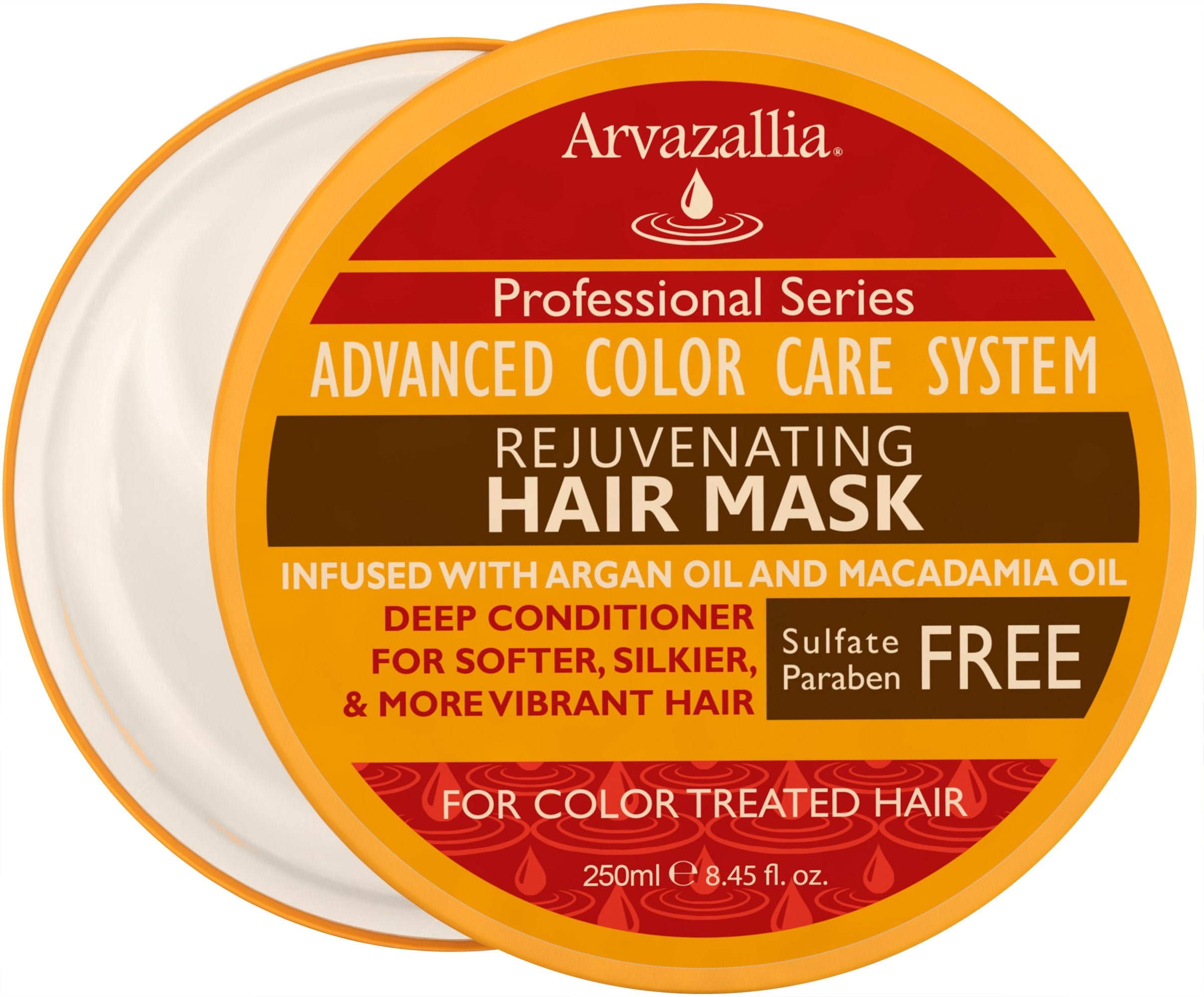 Arvazallia Rejuvenating Hair Mask bottle provides deep conditioning for color-treated hair.