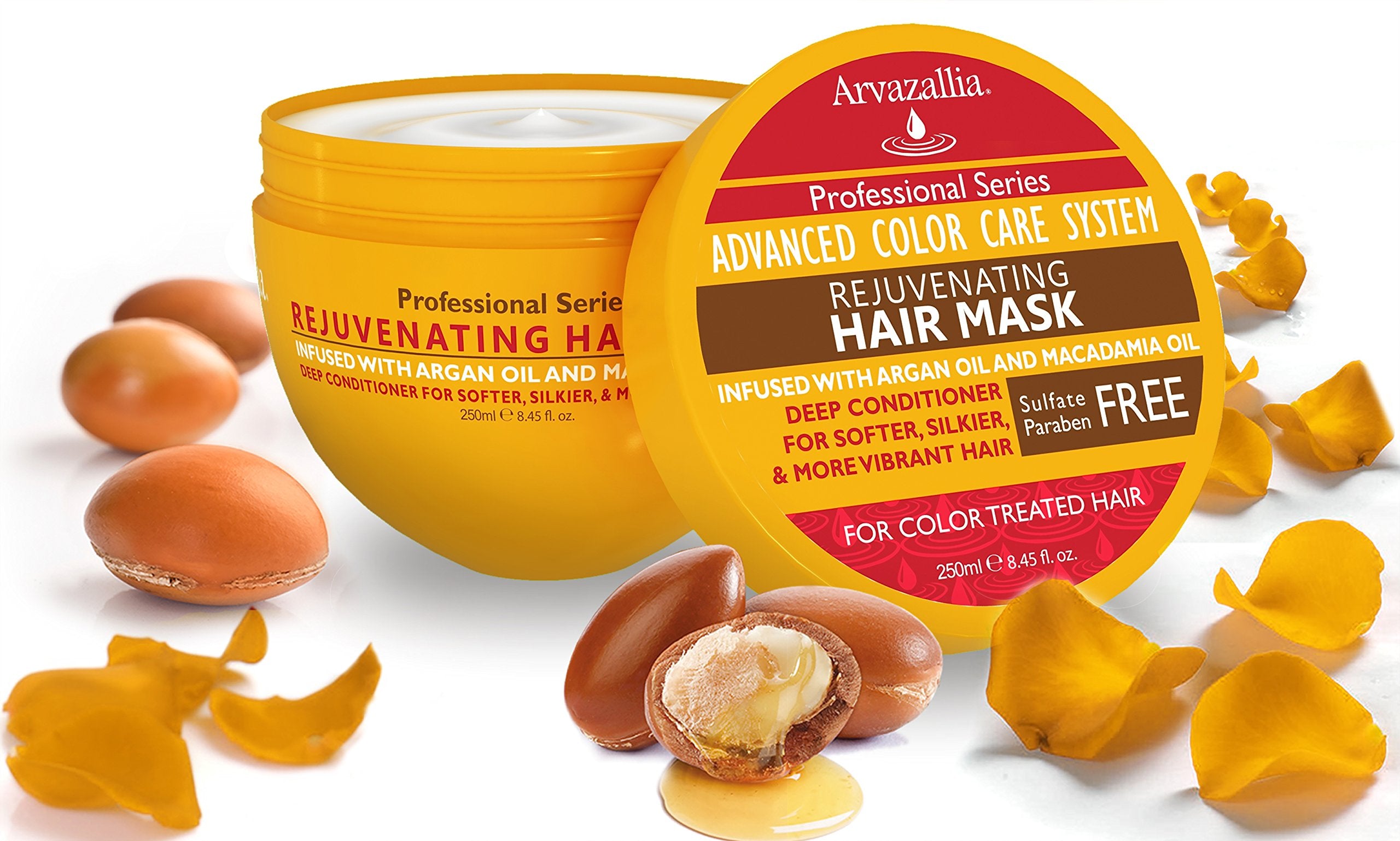 Arvazallia Rejuvenating Hair Mask ingredients close-up highlights Argan and Macadamia oils for nourishment.