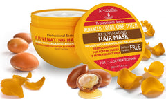 Arvazallia Rejuvenating Hair Mask ingredients close-up highlights Argan and Macadamia oils for nourishment.