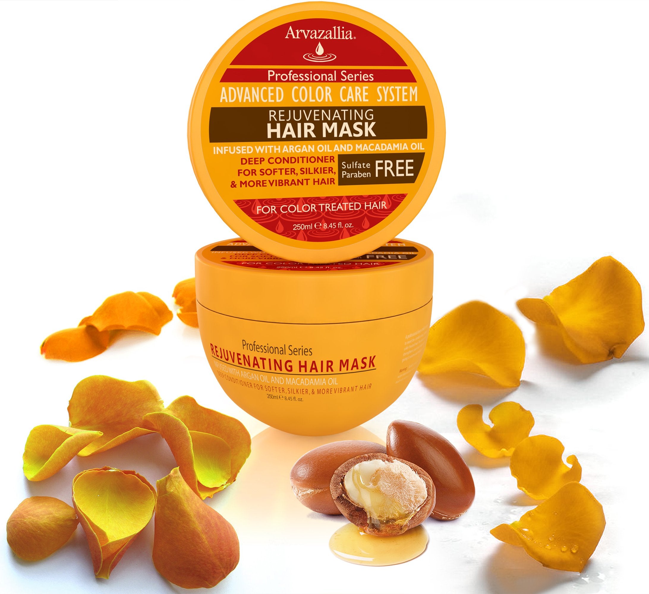 Arvazallia Rejuvenating Hair Mask packaging emphasizes sulfate- and paraben-free formula.