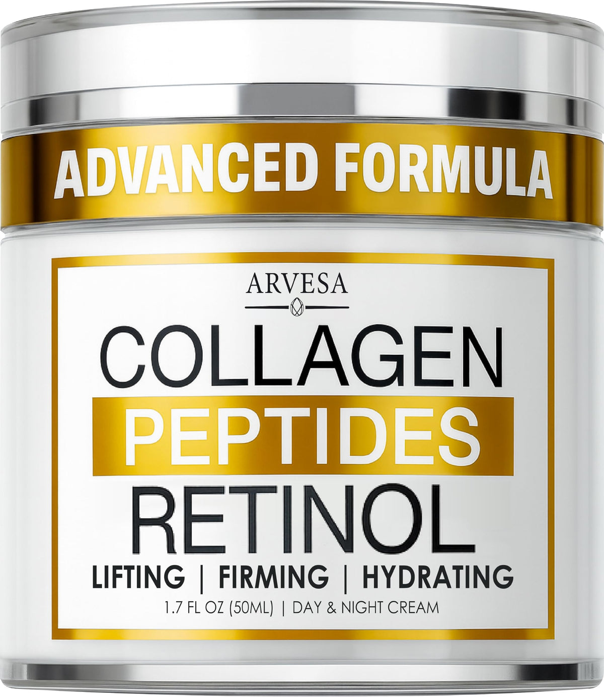 Arvesa Retinol Cream bottle label highlights anti-aging benefits for smoother skin daily