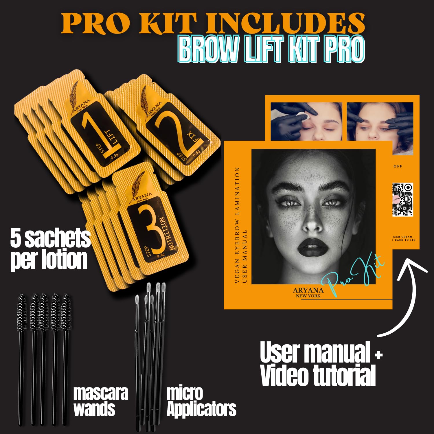 Aryana New York eyebrow lamination steps image demonstrating adhesive-free formula