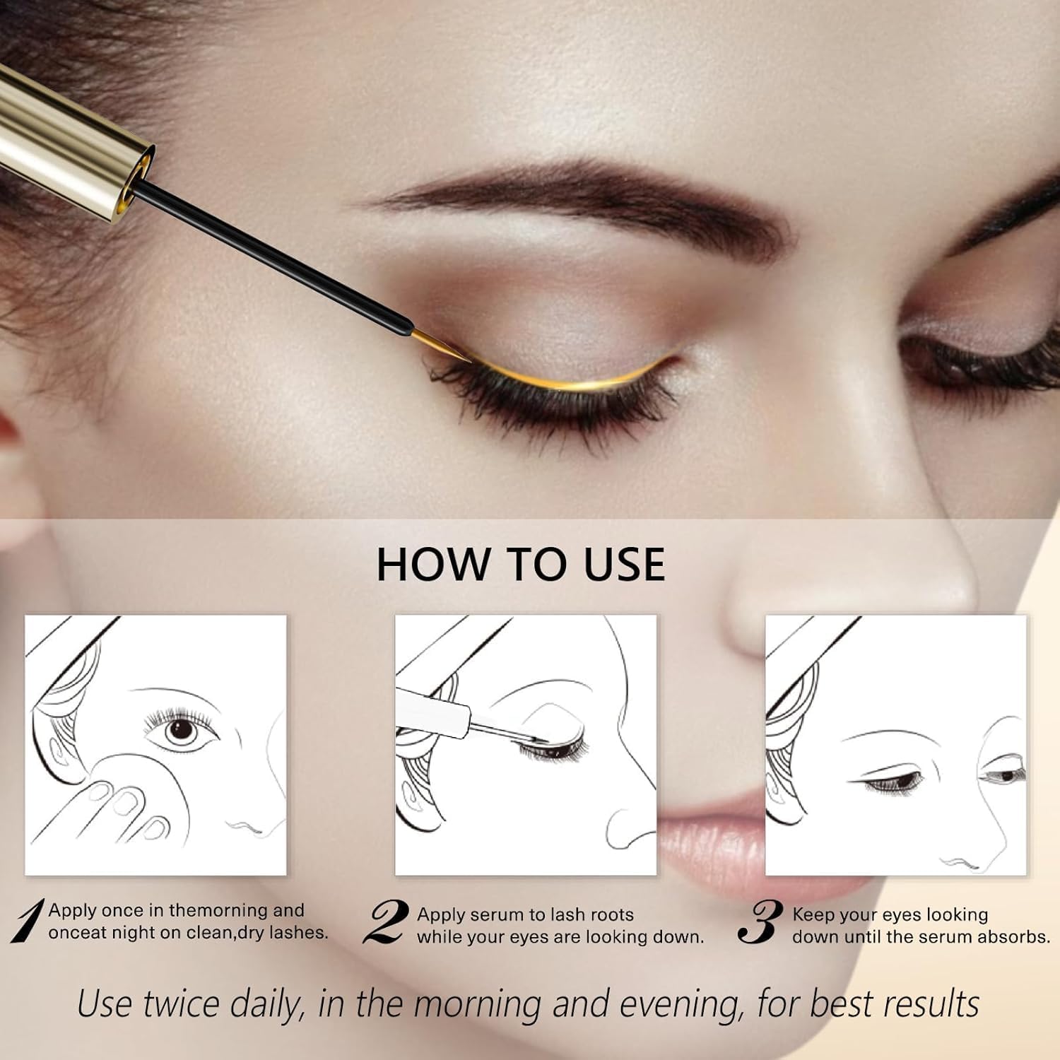ASAMO eyelash serum glass bottle with dropper showing precise nightly application