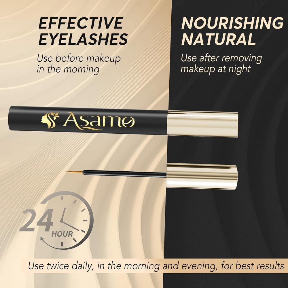 ASAMO eyelash serum close-up showing gold accents and luxury aesthetic