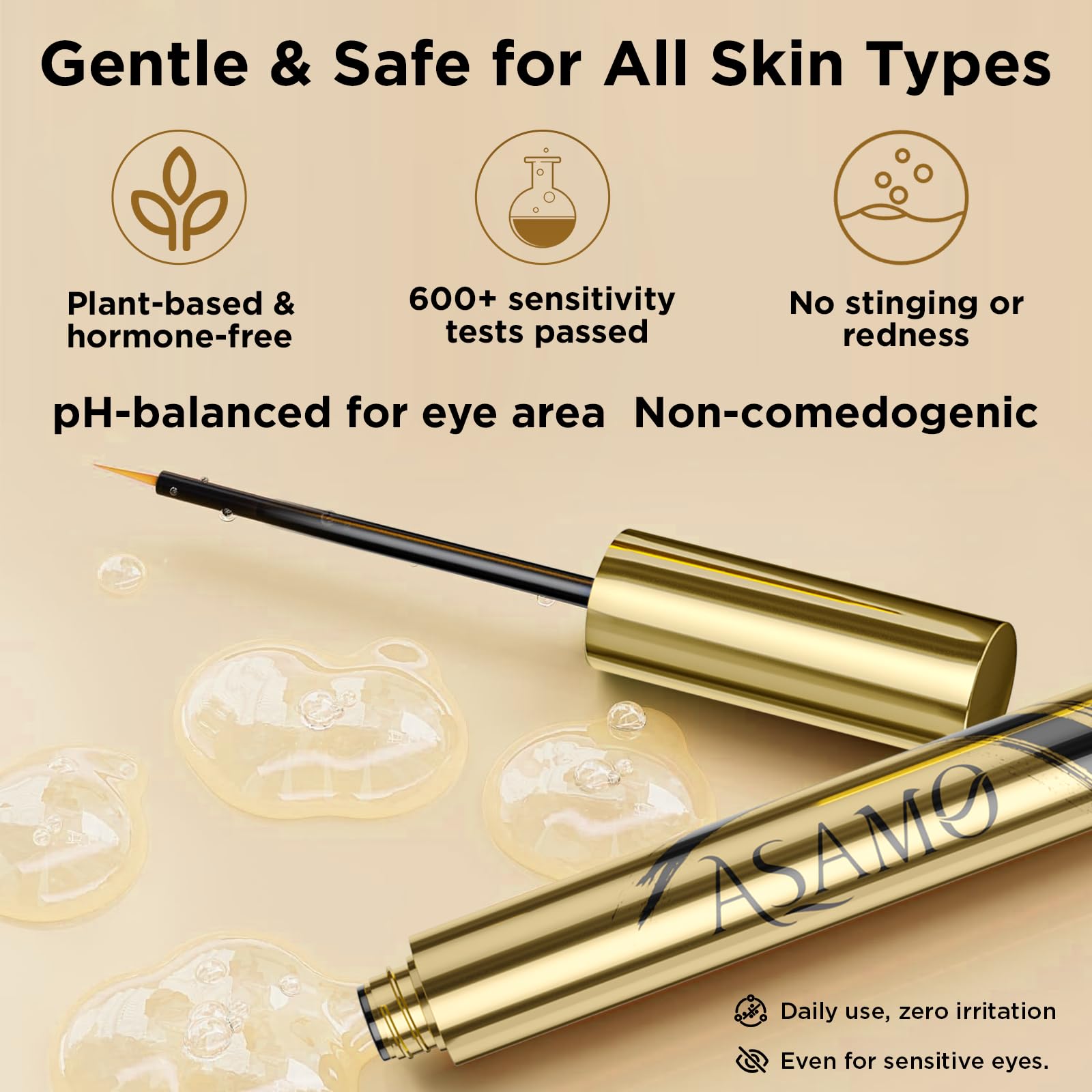 ASAMO hypoallergenic label signaling gentle use for sensitive eyes.
