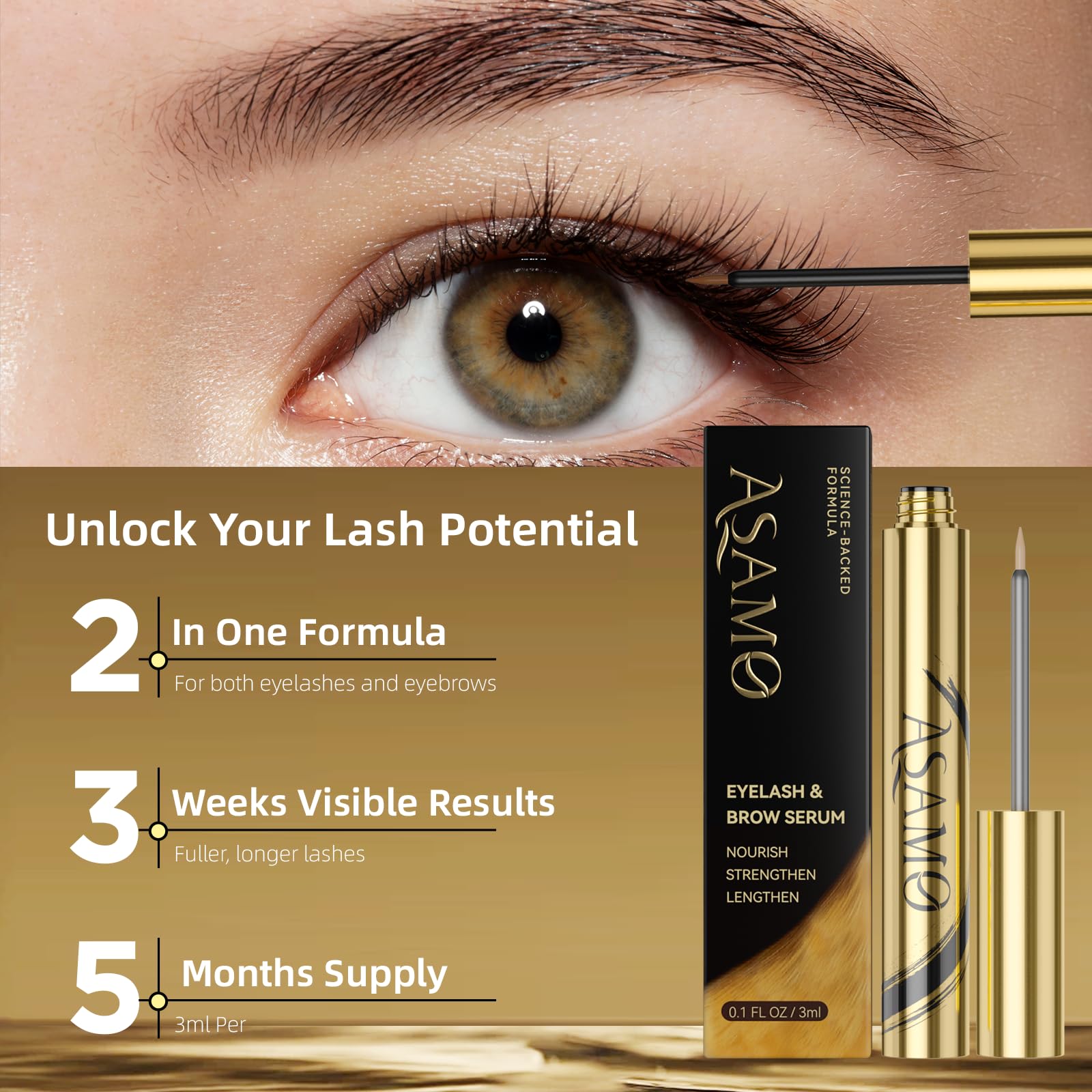 ASAMO Pure Gold eyebrow serum applicator ready for brow growth.