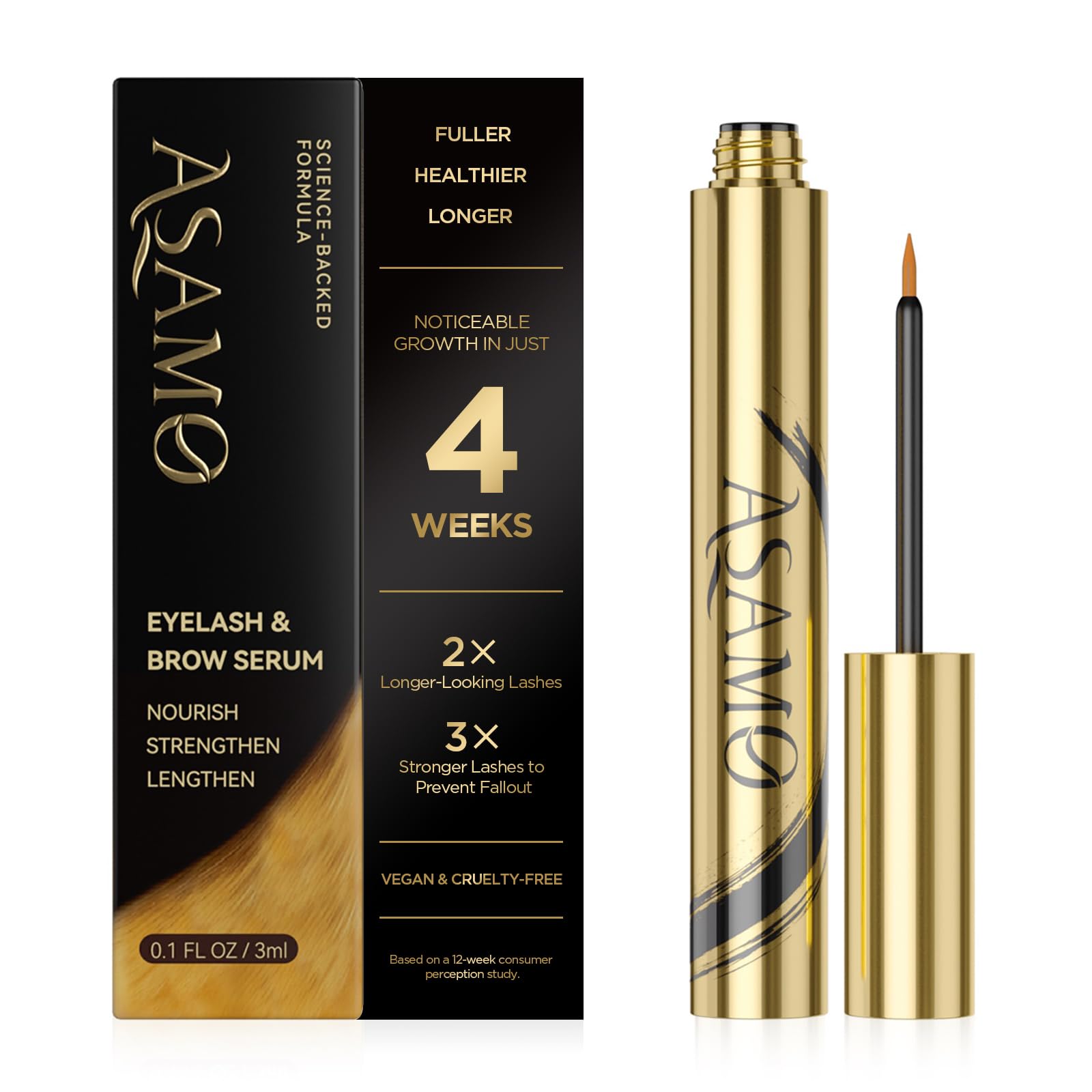 ASAMO Pure Gold eyelash serum bottle showing nourishing formula for fuller lashes.