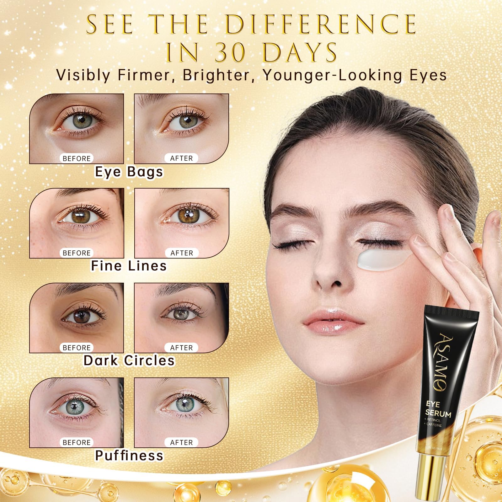 ASAMO Eye Serum quick-absorption texture shown on skin for refreshed look.