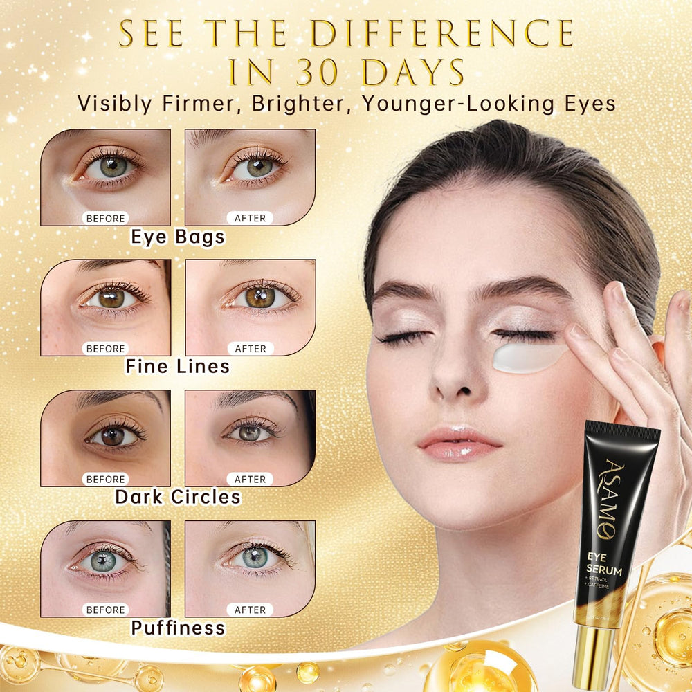 ASAMO Eye Serum quick-absorption texture shown on skin for refreshed look.