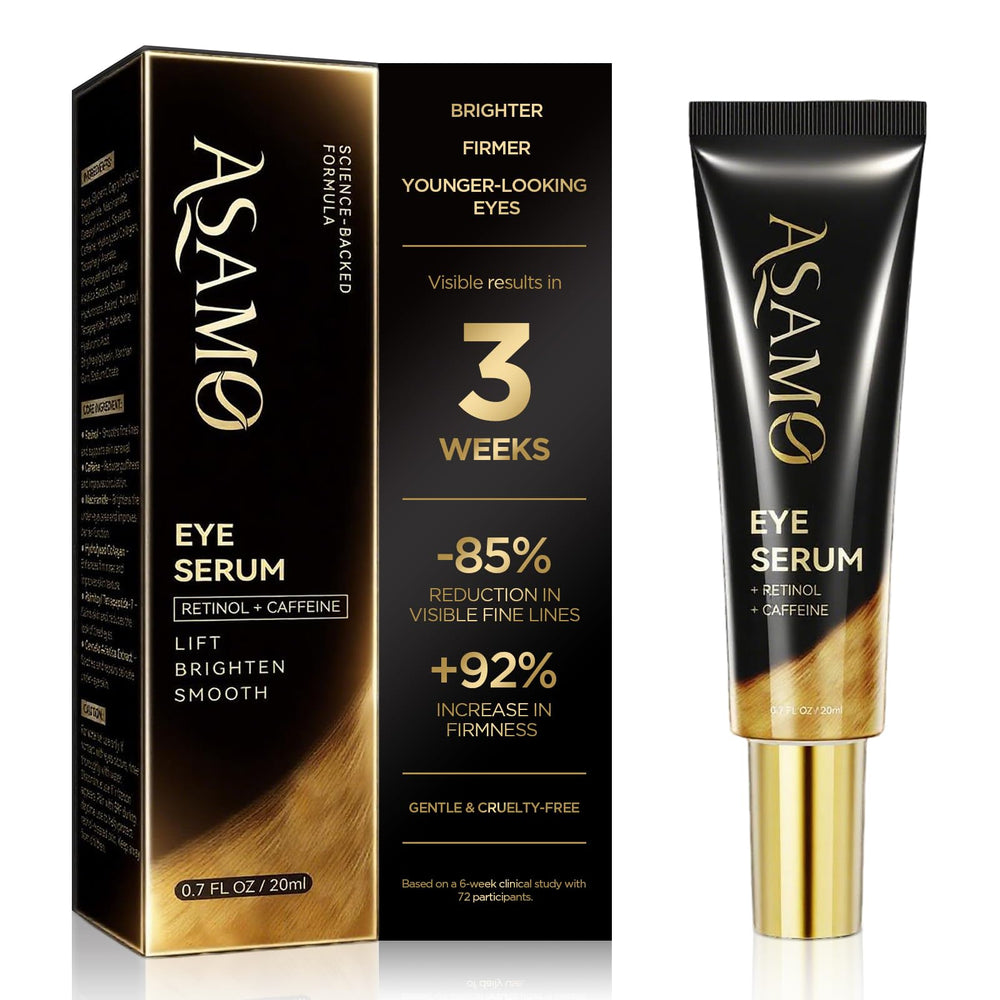 ASAMO Retinol & Caffeine Eye Serum bottle close-up shows sleek tube for daily depuffing.