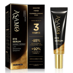 ASAMO Retinol & Caffeine Eye Serum bottle close-up shows sleek tube for daily depuffing.
