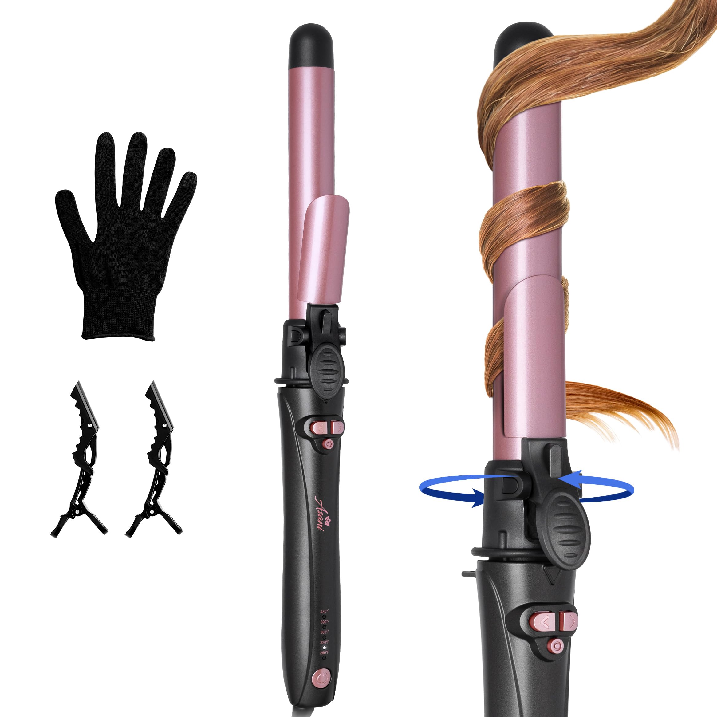 Asani 1-inch rotating curling iron clip closeup for secure grip and smooth waves.
