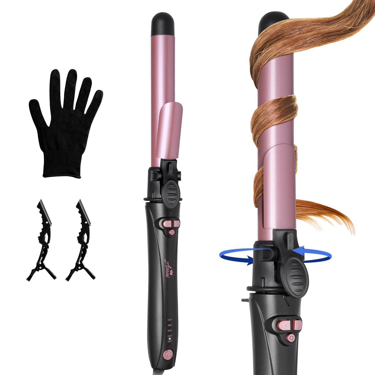 Asani 1-inch rotating curling iron clip closeup for secure grip and smooth waves.