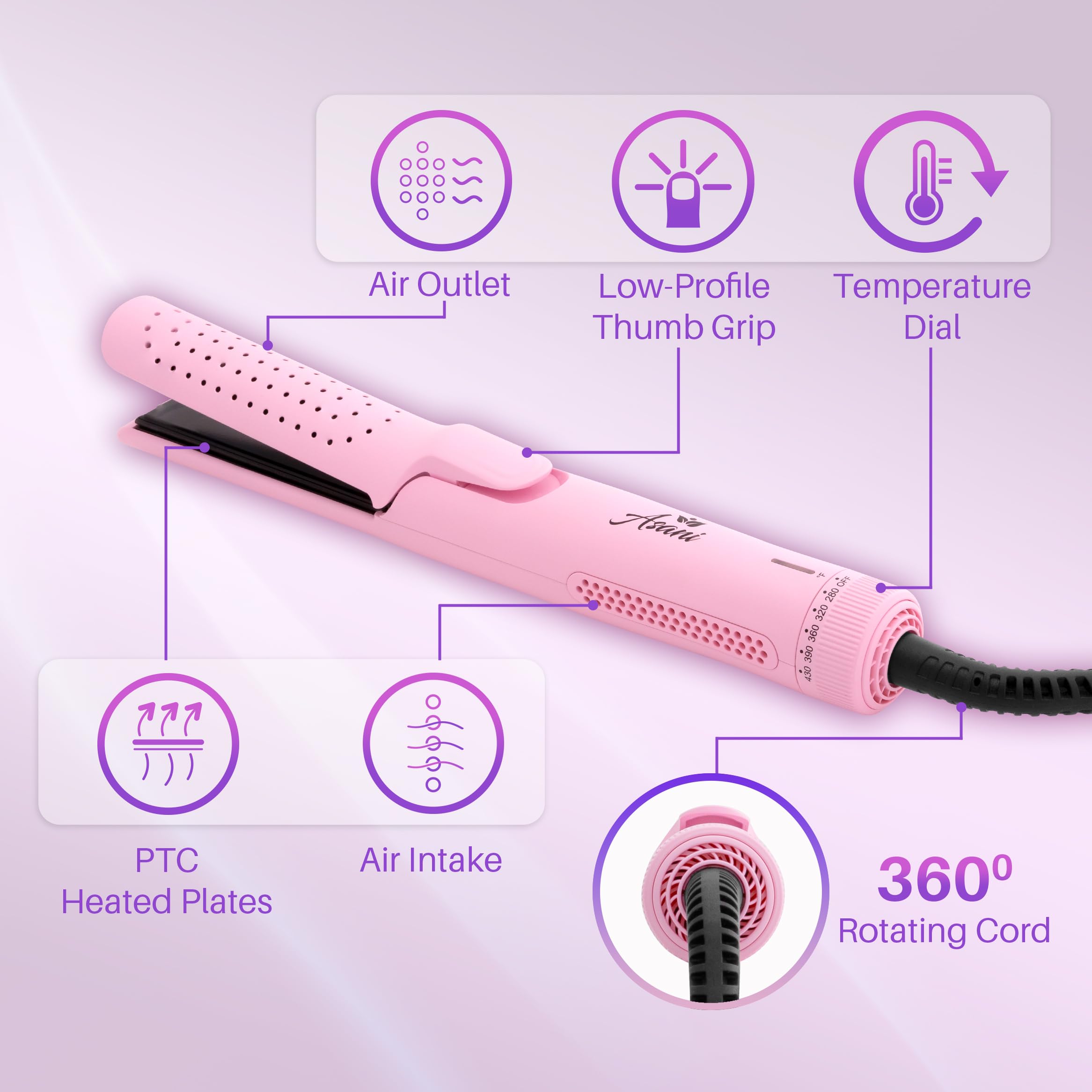 Asani 360° Airflow Styler pink rounded titanium plates glide smoothly