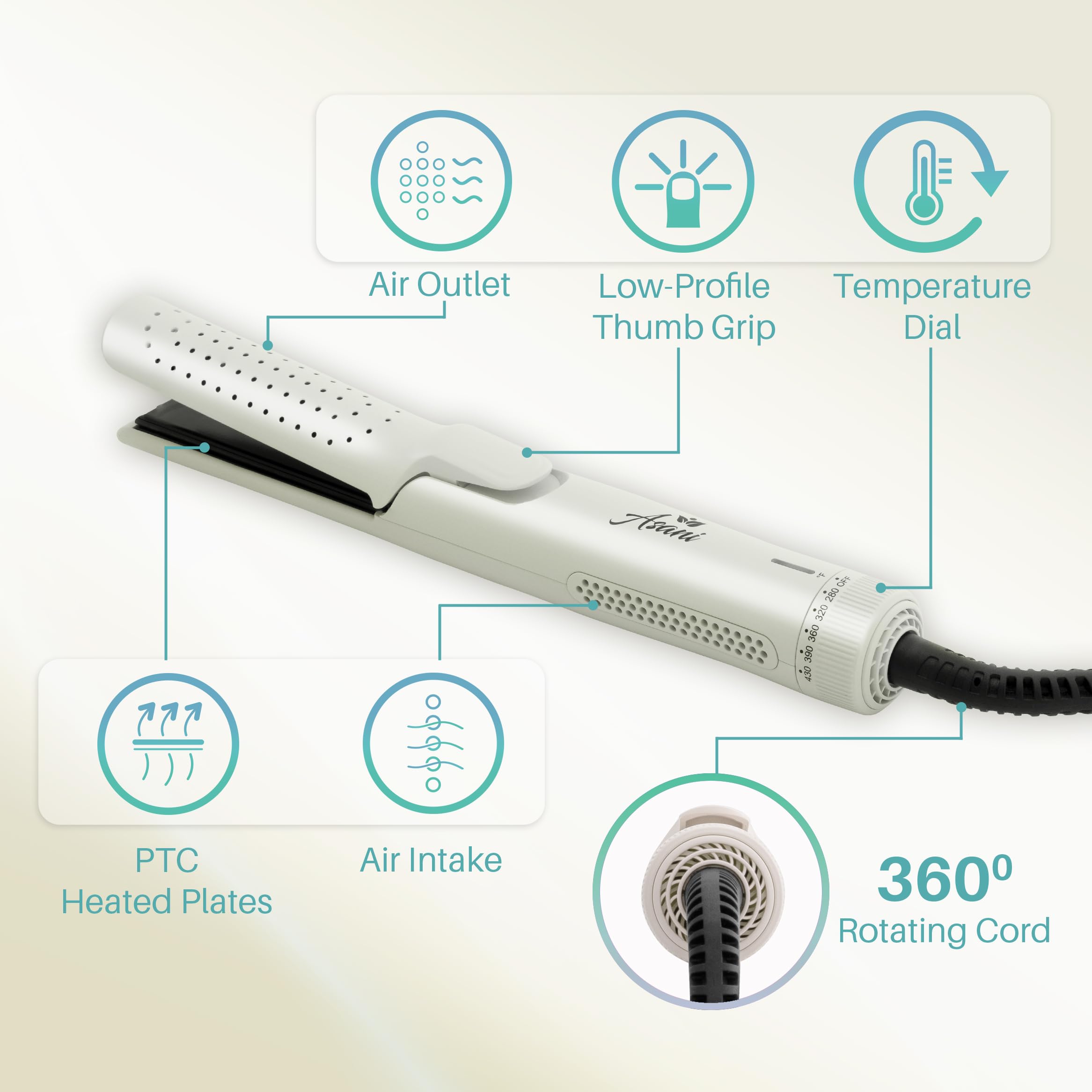 Asani 360° Airflow Styler titanium plates deliver smooth glide for curling and straightening.