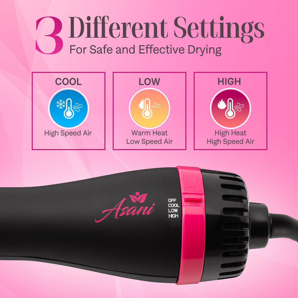 Asani hair dryer brush-360-airflow closeup reveals even heat for smooth shaping.