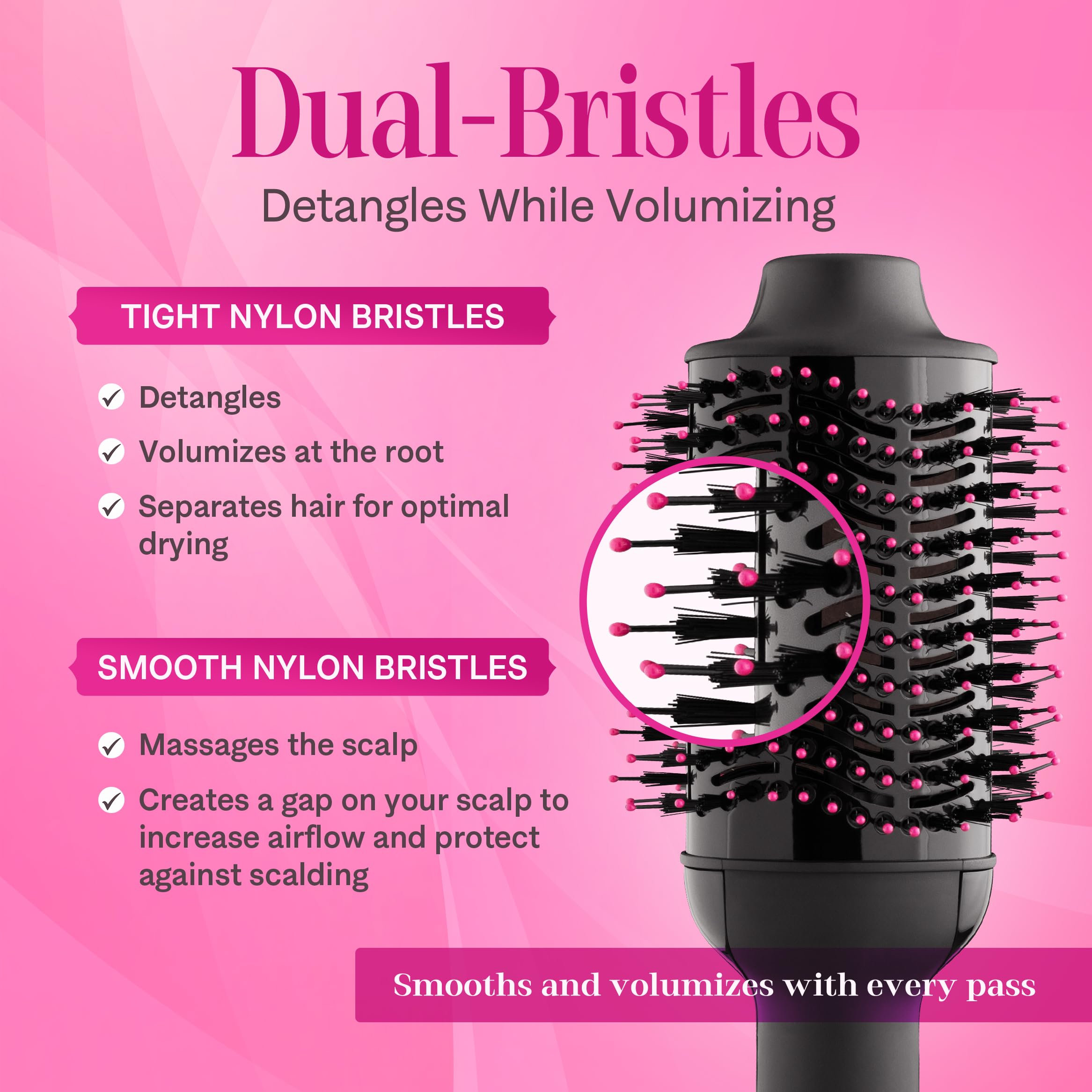 Asani hair dryer brush nylon-pins-bristles for tangle-free detangling and shine.