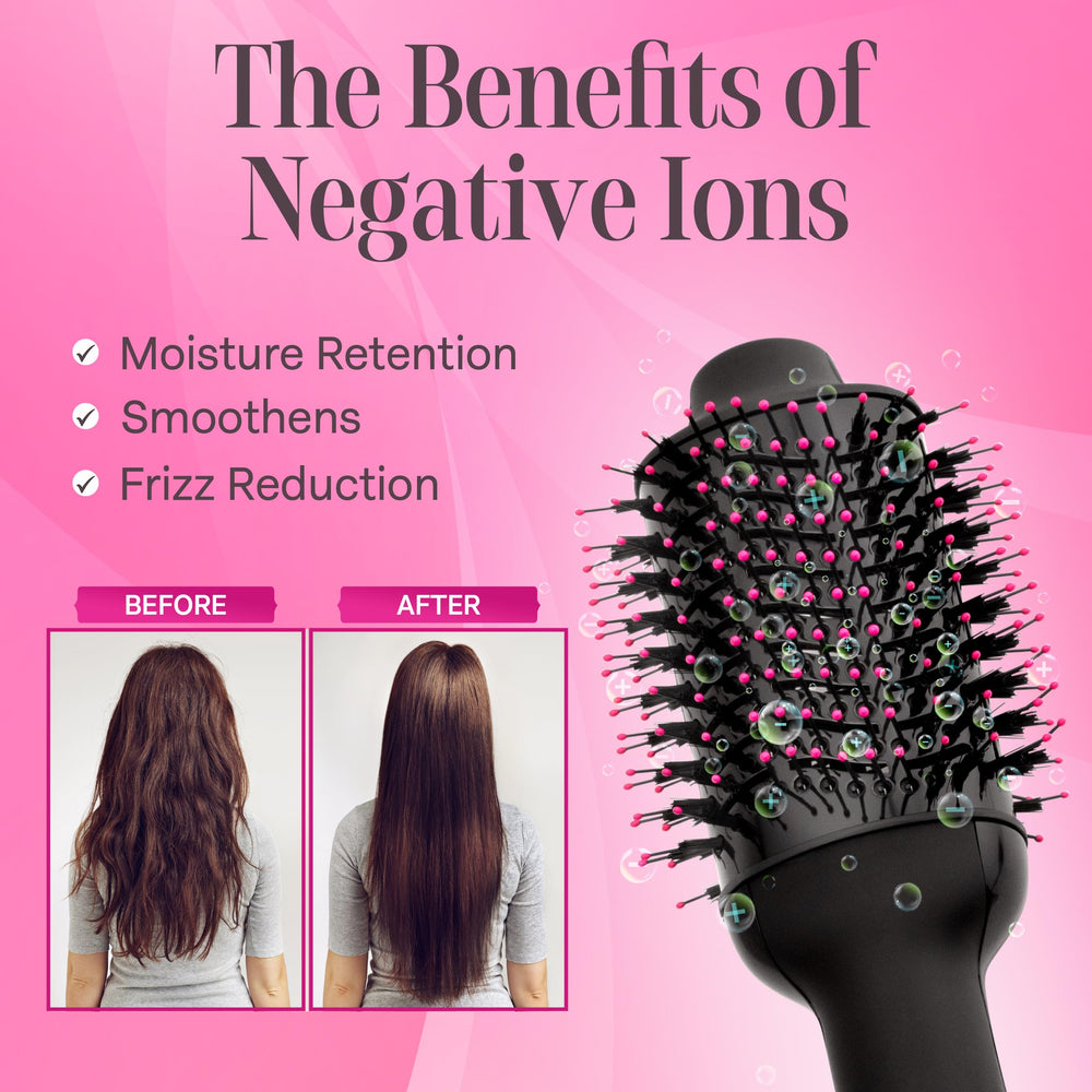 Asani hair dryer brush titanium-barrel closeup highlights durable heat and frizz control.
