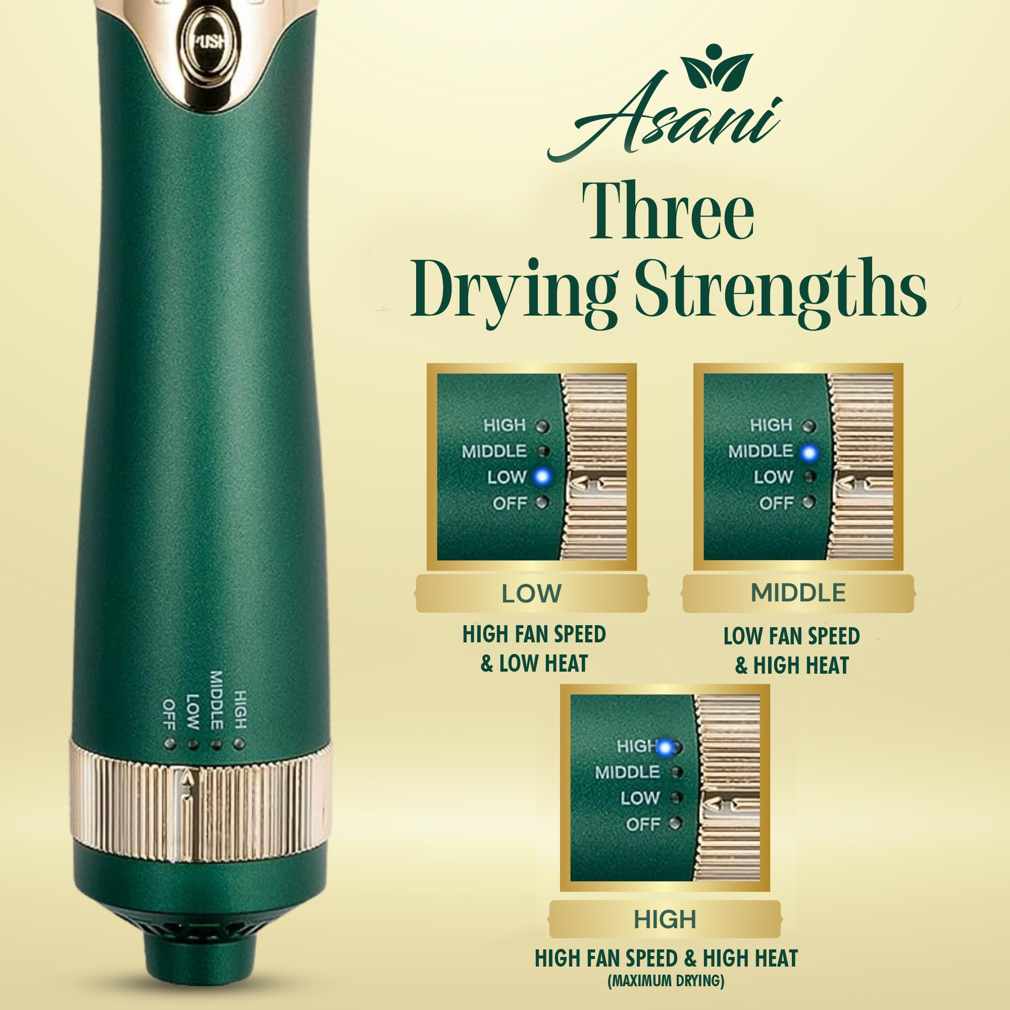 Asani hot air brush curling head creates natural-looking waves.