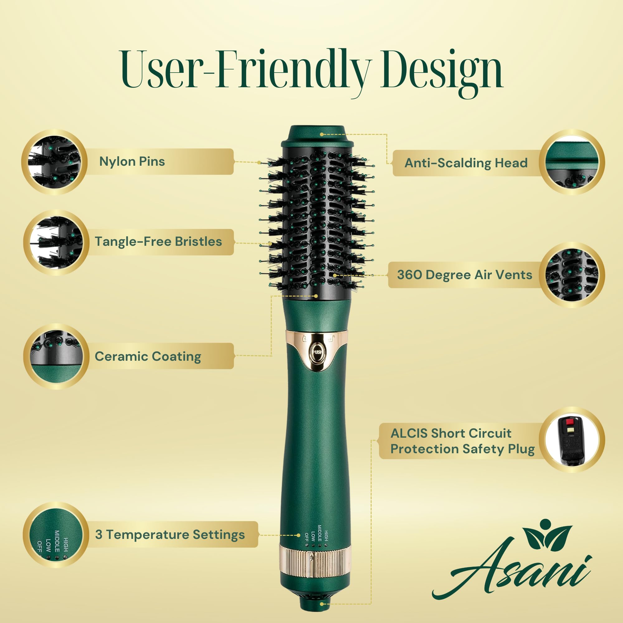 Asani hot air brush 1.25‑inch oval barrel for versatile waves.