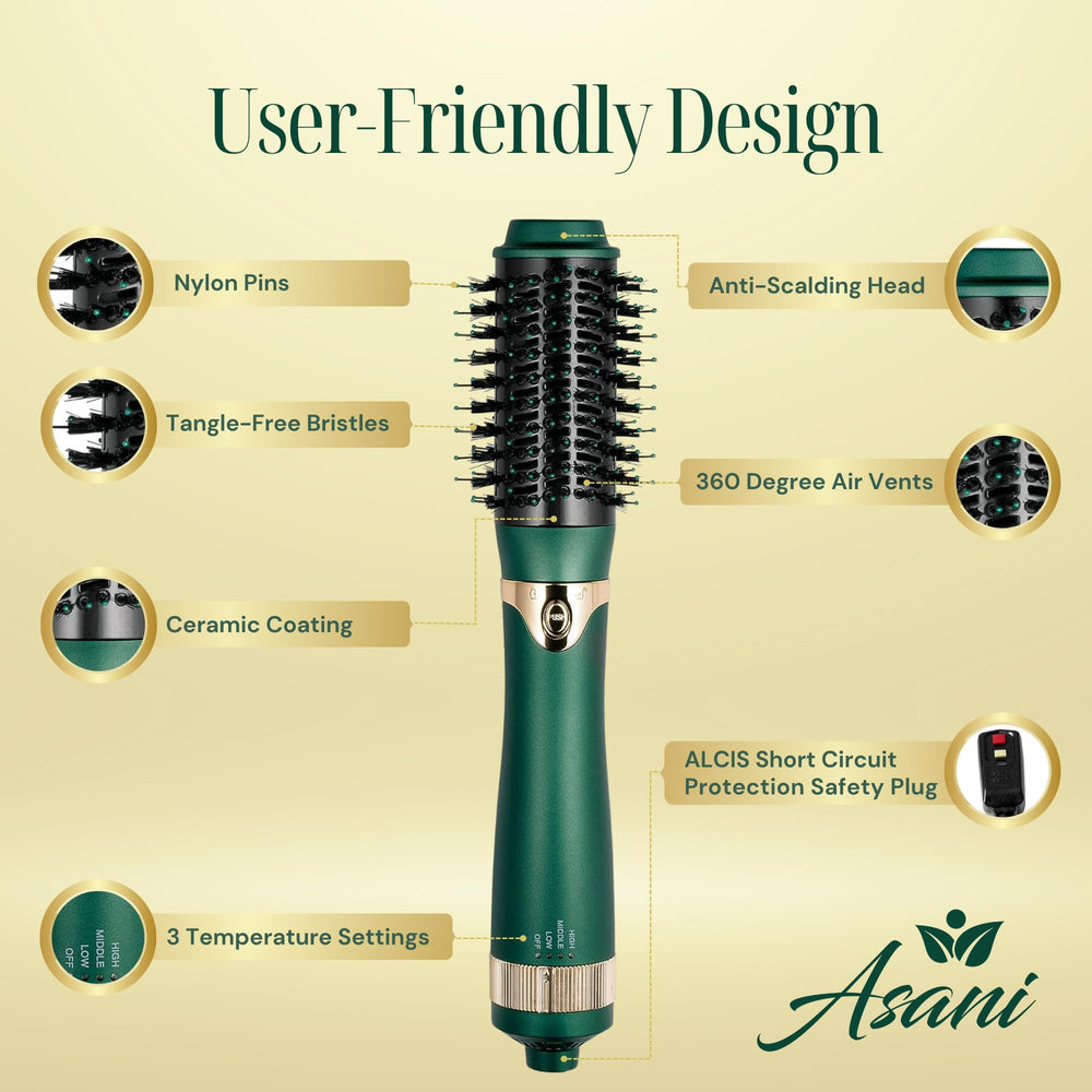 Asani hot air brush 1.25‑inch oval barrel for versatile waves.