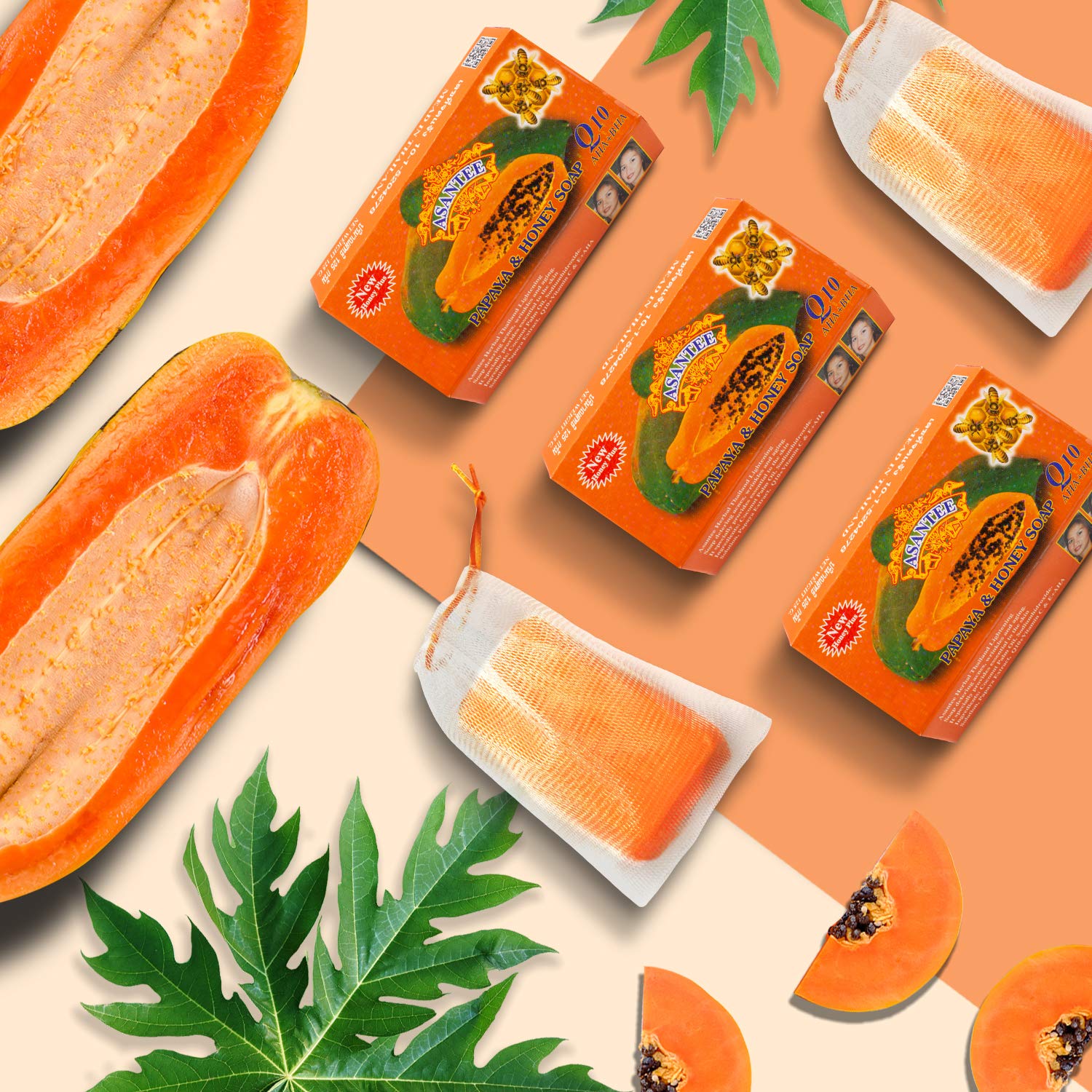 ASANTEE Papaya Honey soap bar hero shot with triple pack layout