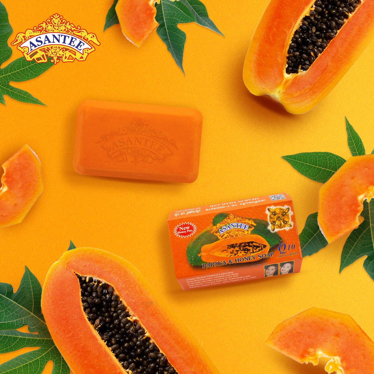 ASANTEE Papaya Honey soap bar packaging back listing directions and benefits