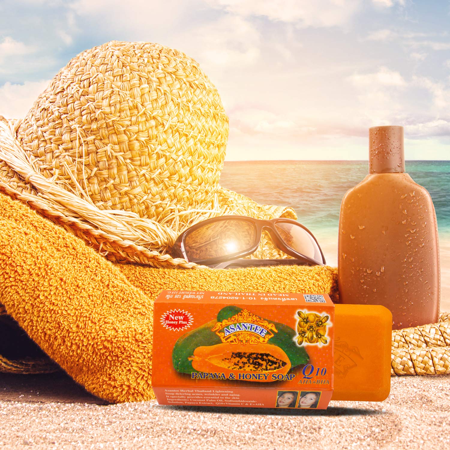 ASANTEE Papaya Honey soap bar vitamin C E Q10 label close-up