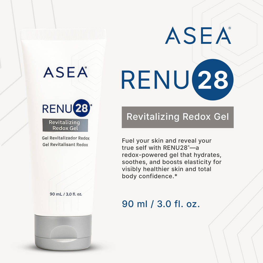 Asea RENU28 redox gel label displays clean beauty credentials and gentle formula benefits.