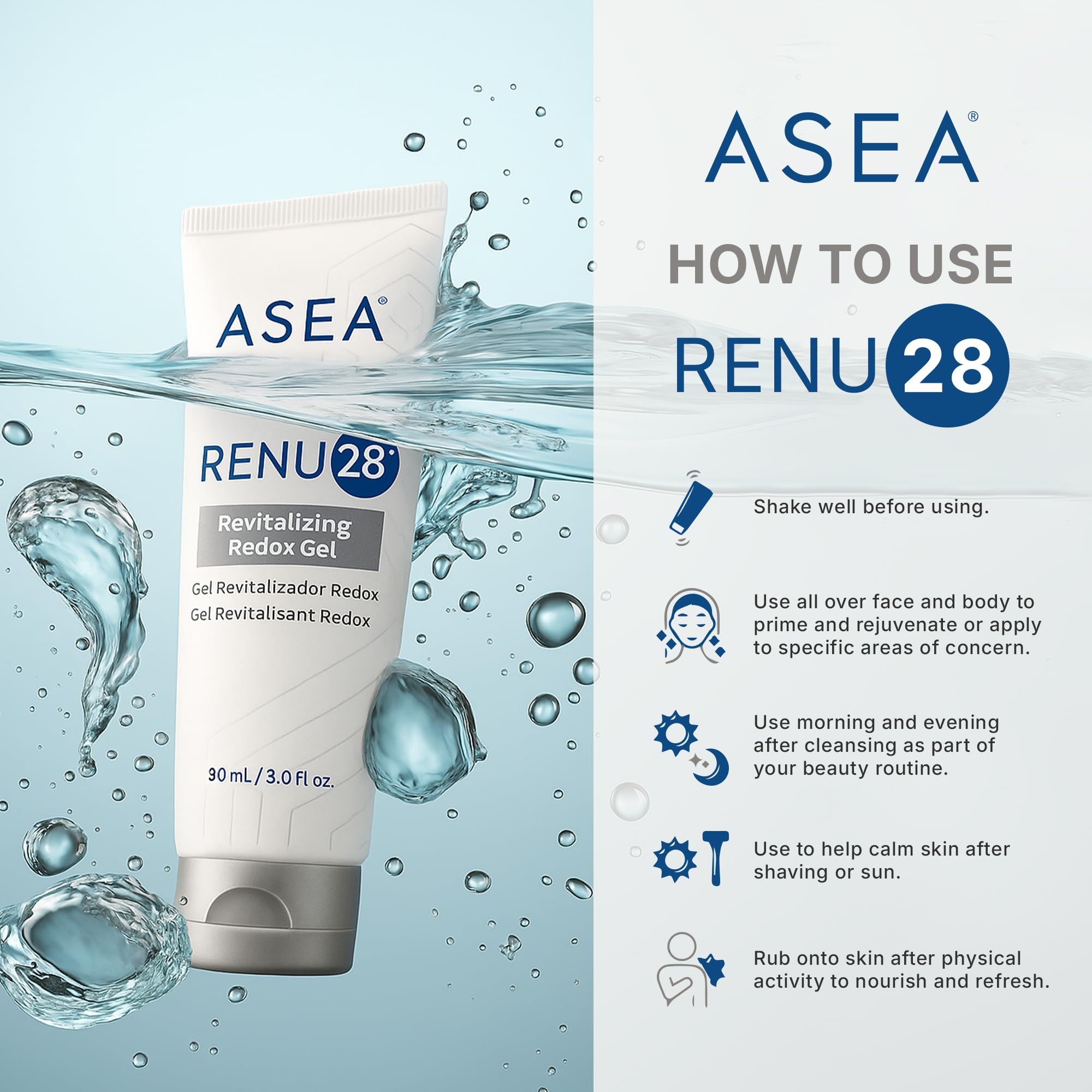 Asea RENU28 redox gel on skin illustrating smoother texture and potential firmness.