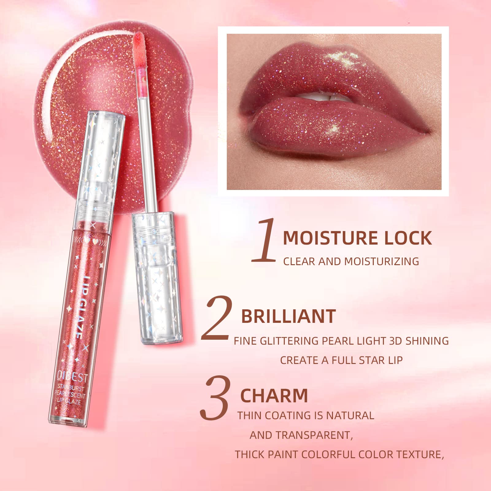 Aseawave lip gloss closeup highlights high shimmer pigments for luminous lips.