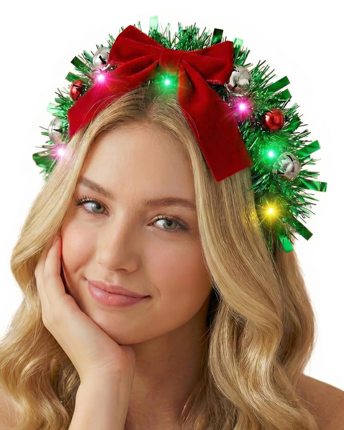 Asekonc Light Up Christmas Ball Headband with large red bow, ideal for festive photo props