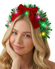 Asekonc Light Up Christmas Ball Headband with large red bow, ideal for festive photo props