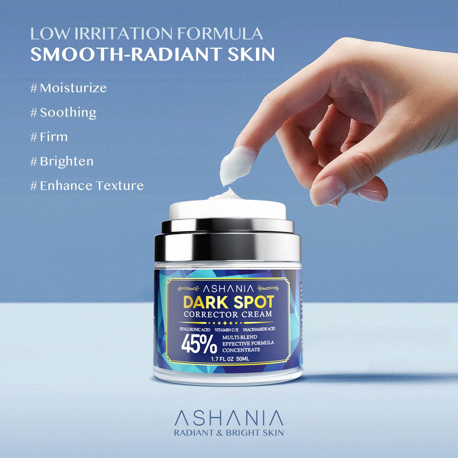 Ashania dark spot remover face application demonstrates targeted serum for even skin tone.