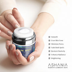Ashania dark spot remover serum dispense highlights convenient pump for precise application on affected areas.