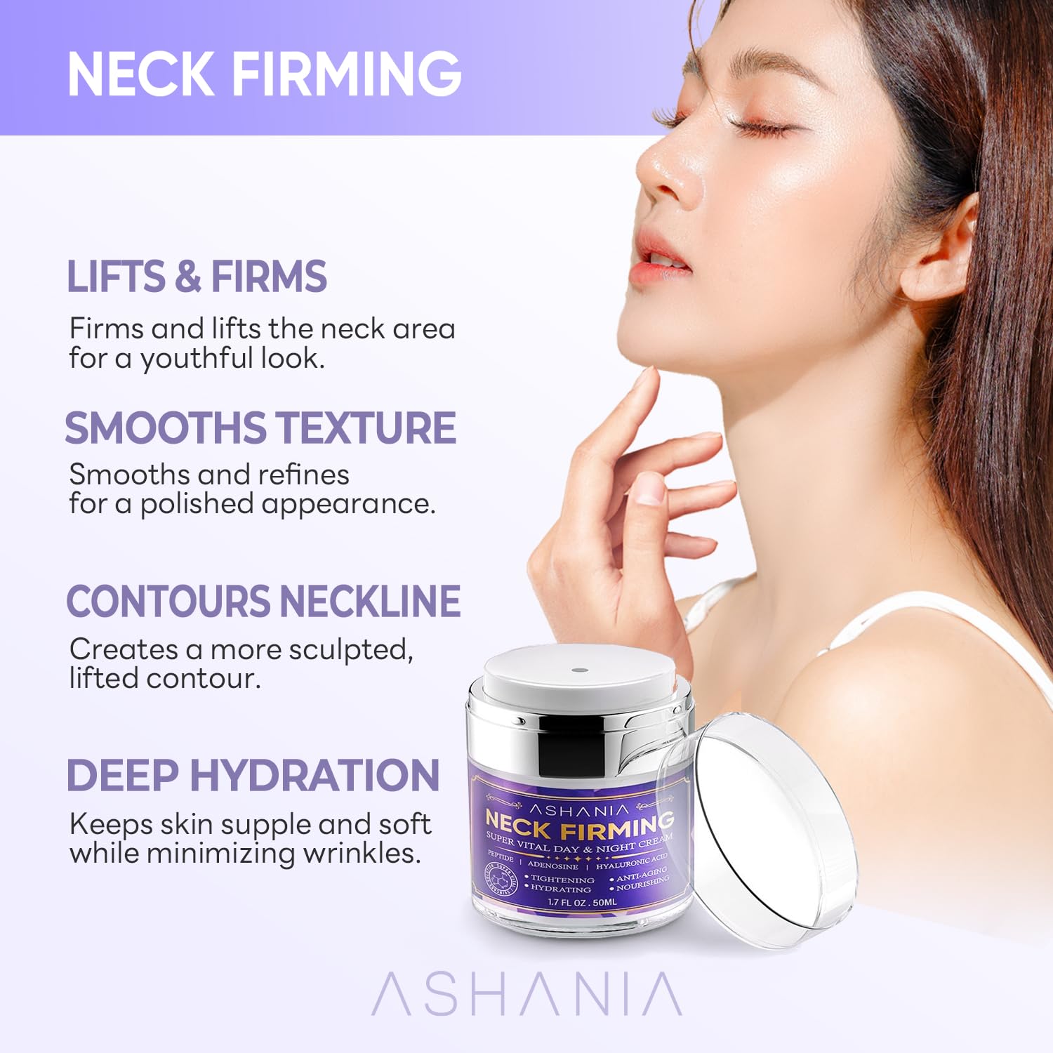 Ashania neckline care application demonstrates upward massage for smoother neckline