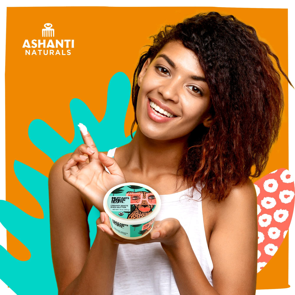 Ashanti Naturals Bouffants & Broken Hearts ingredients label highlights 100% natural shea for skin nourishment
