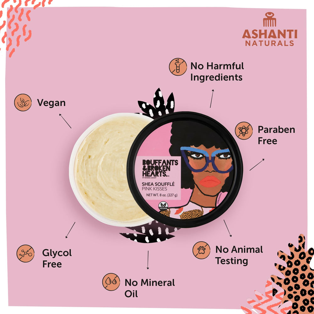Ashanti Naturals Pink Kisses Souffle jar dispense highlights smooth application and fragrance.