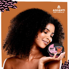 Ashanti Naturals raw shea butter bottle emphasizes pure ingredients for skin nourishment.