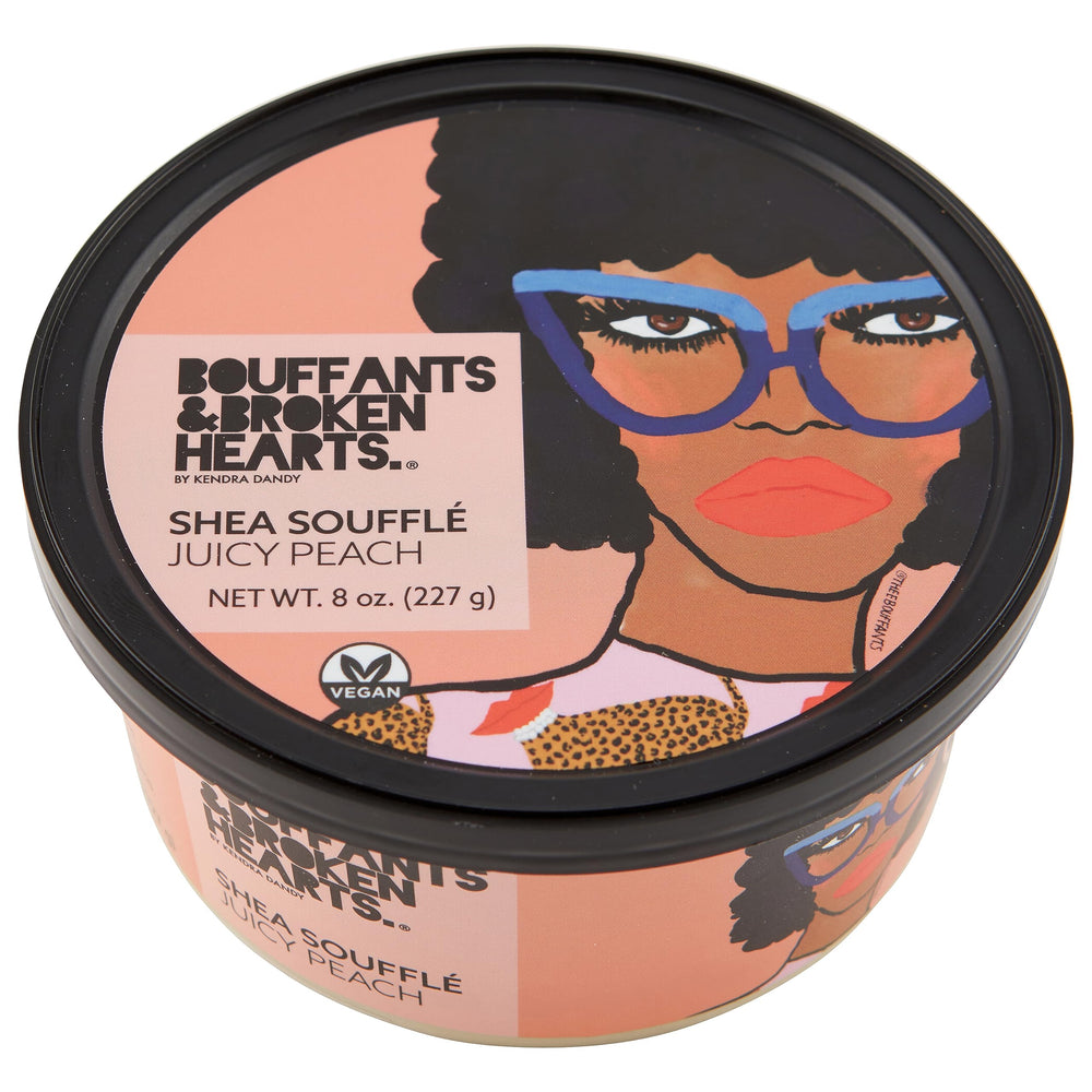 Ashanti Naturals scented whipped shea butter jar closeup showcasing juicy peach scent and rich hydration.