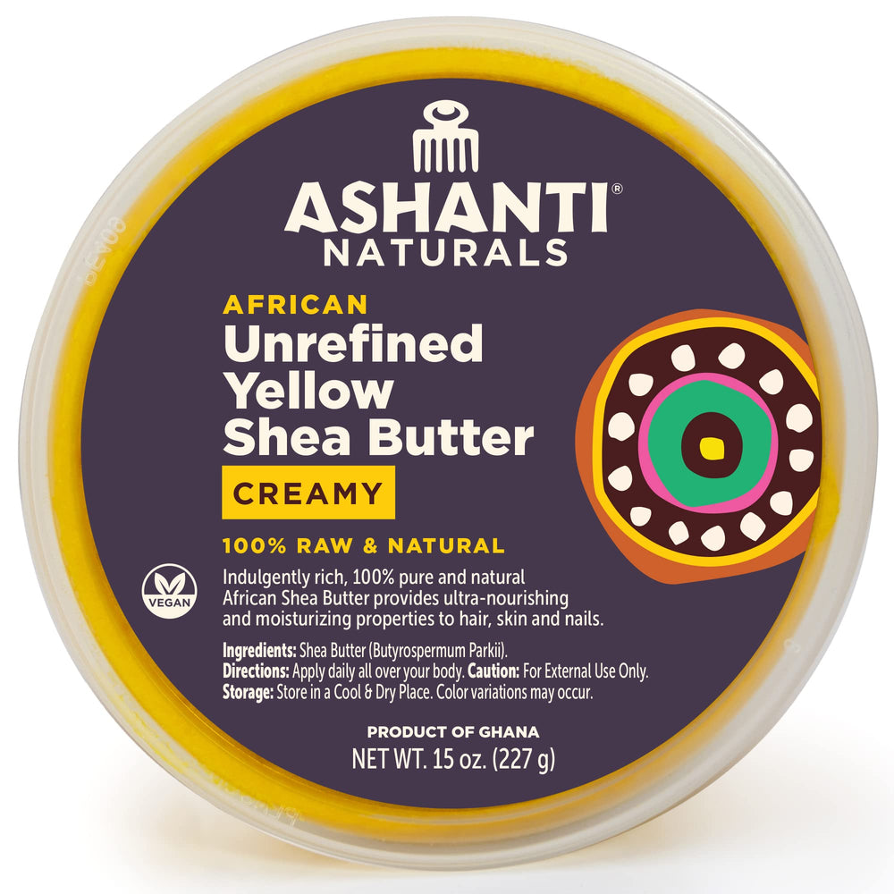 Ashanti Naturals Yellow Raw Shea Butter jar, creamy texture for daily skin and hair hydration.